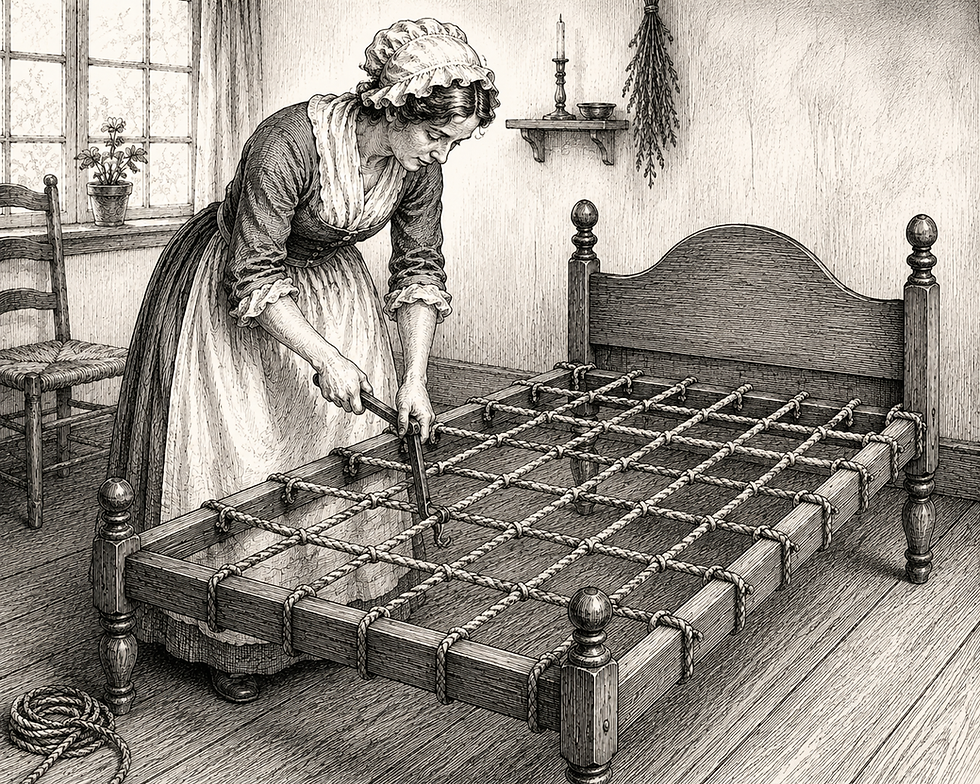 Using a rope key to tighten the cords of a colonial rope bed.
