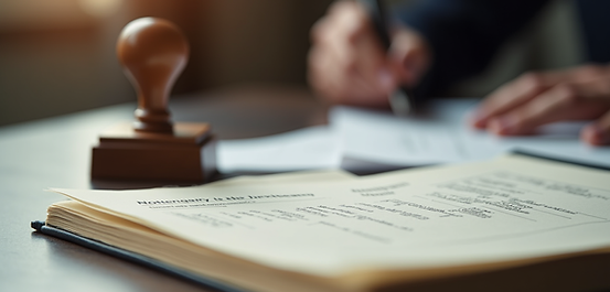 Mobile notary public stamping legal documents and signing a notary journal in Tomball, Texas.