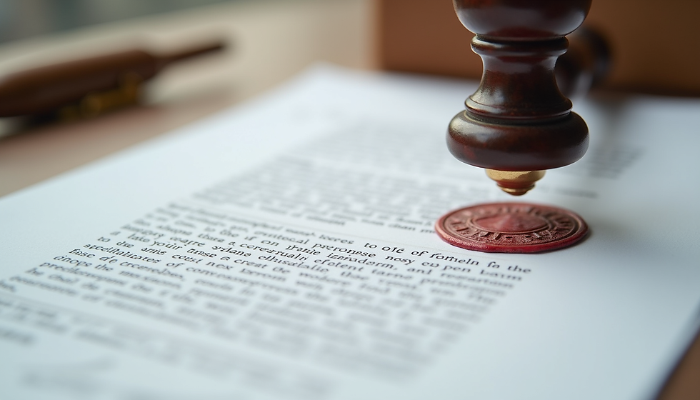 Wooden notary stamp and red wax seal on document in Katy, TX at notary appointment.