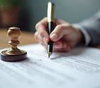 Hand holdng a pen over a legal document at notay appointment in Katy, TX.