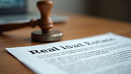 Wooden notary seal and stamp placed on signed real estate deed and property closing paperwork in The Woodlands, TX.
