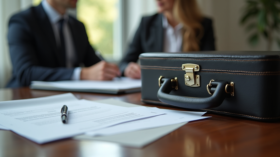 Eye-level view of a mobile notary's briefcase and documents on a table