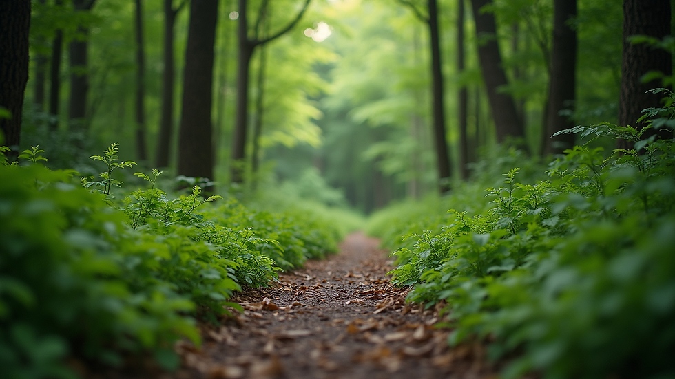 Eye-level view of a winding forest path surrounded by lush greenery