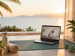 Online yoga ve mat pilates dersi ile yazın hareket rutinini sürdüren kadın