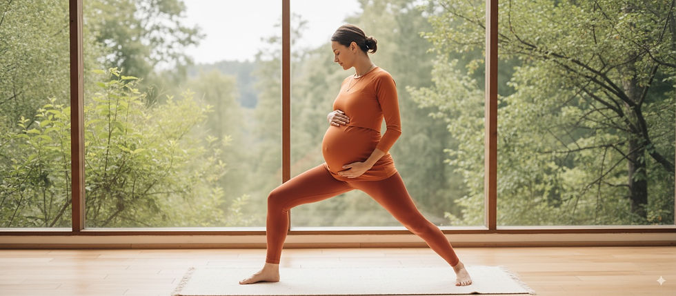 Hamile bir kadın turuncu yoga kıyafetiyle, cam kenarında doğa manzarasına karşı poz veriyor. Huzurlu ve odaklanmış görünüyor.