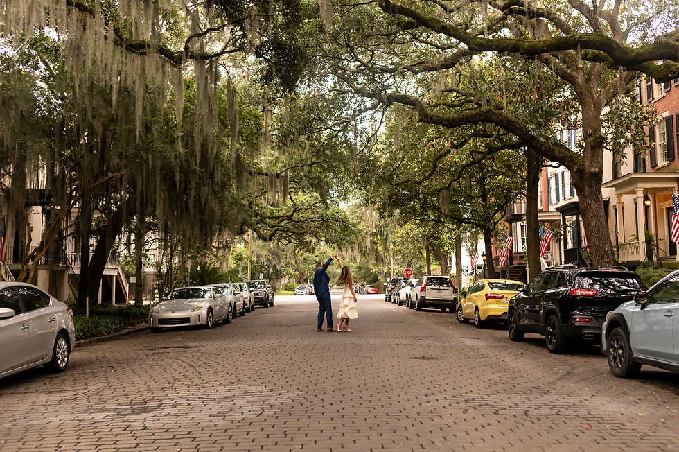 Casey and Max's engagement session on Jones Street and Forsyth Park in Savannah, Georgia.