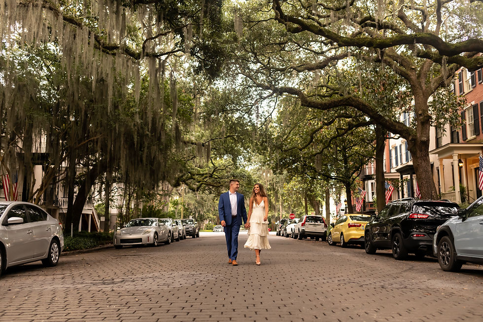 Casey and Max's engagement session on Jones Street and Forsyth Park in Savannah, Georgia.