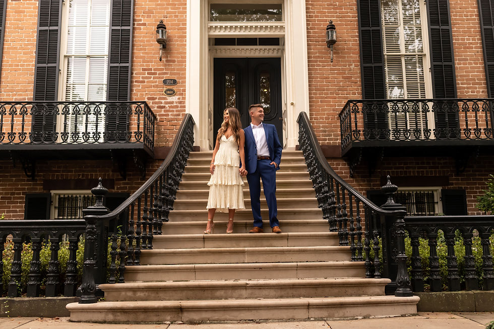 Casey and Max's engagement session on Jones Street and Forsyth Park in Savannah, Georgia.