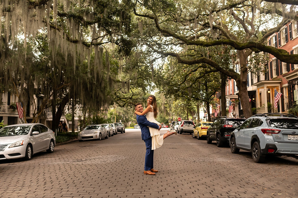 Casey and Max's engagement session on Jones Street and Forsyth Park in Savannah, Georgia.