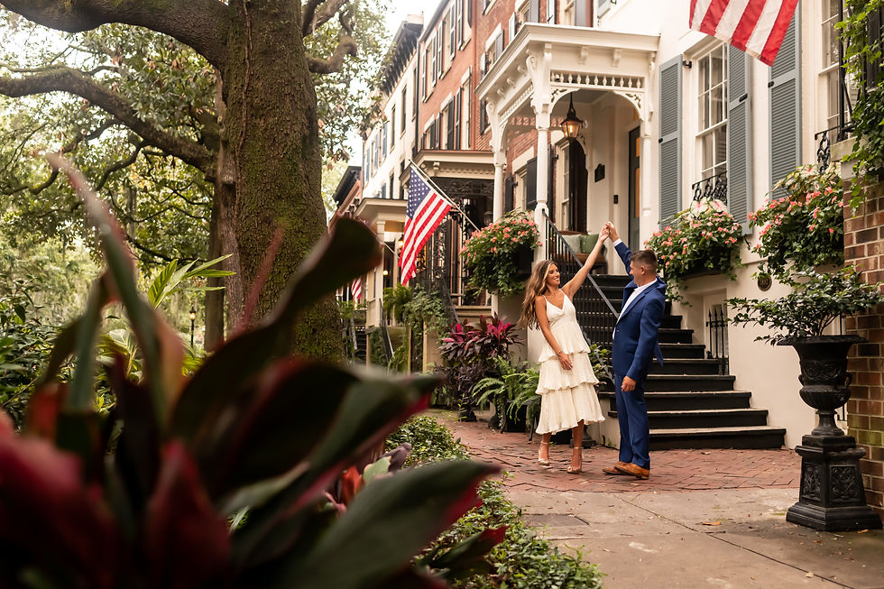 Casey and Max's engagement session on Jones Street and Forsyth Park in Savannah, Georgia.