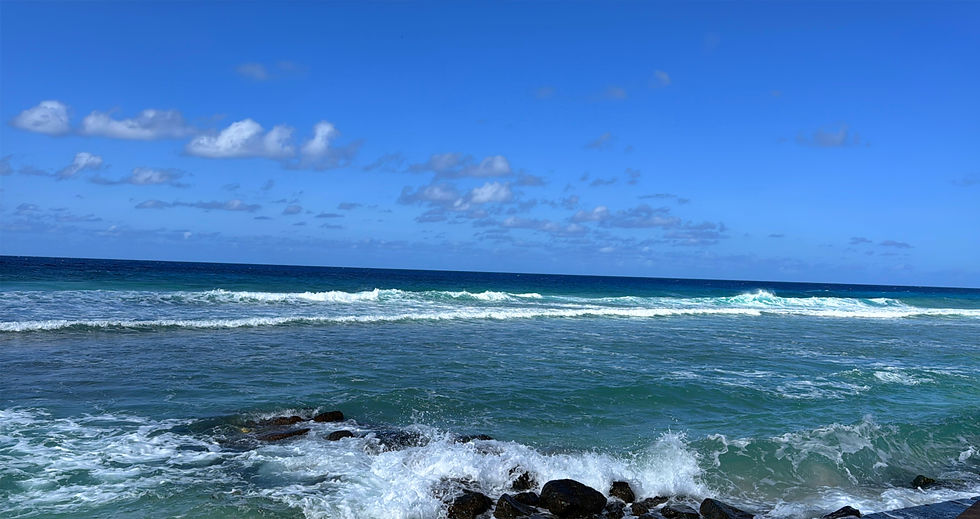 Waves gently crash over the rocks under a clear blue sky, capturing a serene moment by the expansive ocean.
