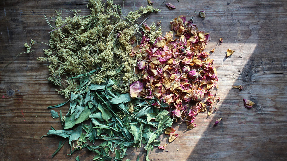 Dried herbs on a wooden table