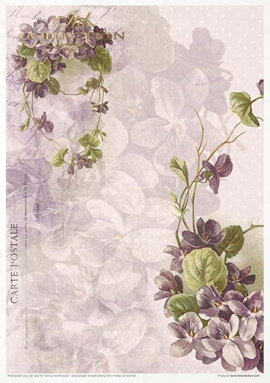 Thumbnail: Purple violets, green vines, and "CARTE POSTALE" vintage floral design paper.