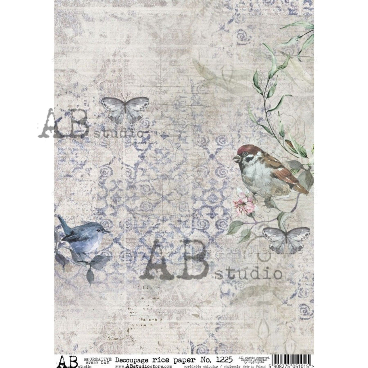 AB STUDIO Scrapbooking Rice paper No. 1225, birds, ornate design.