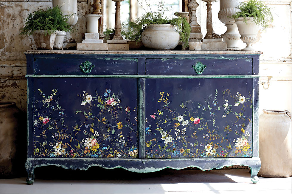Thumbnail: Distressed navy blue cabinet with colorful floral patterns and green drawer pulls.