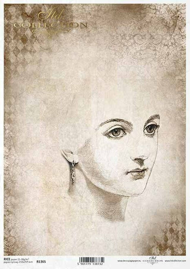 Classical sketch of a woman with large eyes and a drop earring.