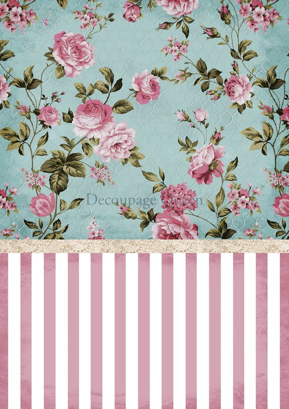 "Decoupage Queen" faintly on teal floral design, pink and white stripes.