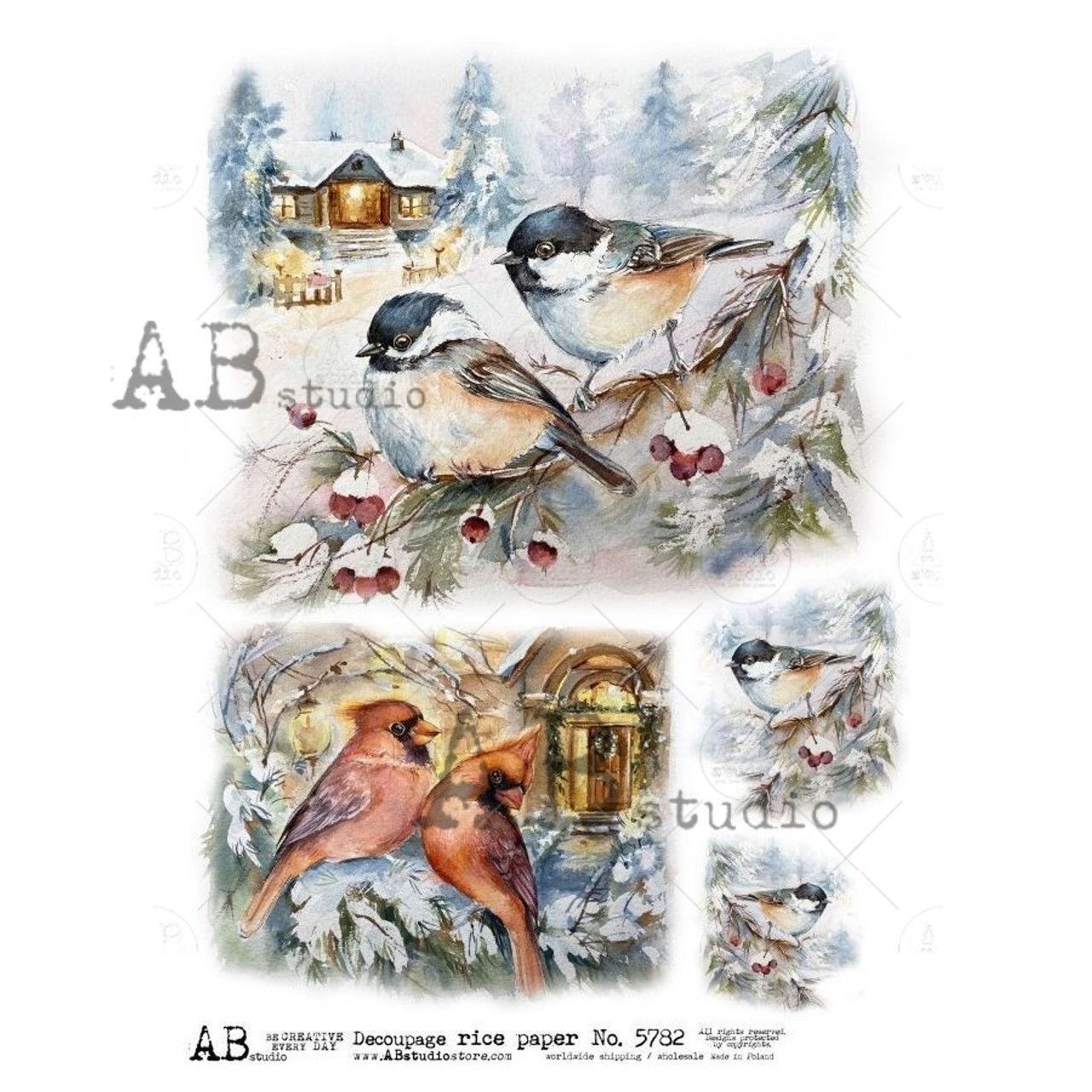 3209-A4 AB Studios Painted Winter Birds Rice Paper