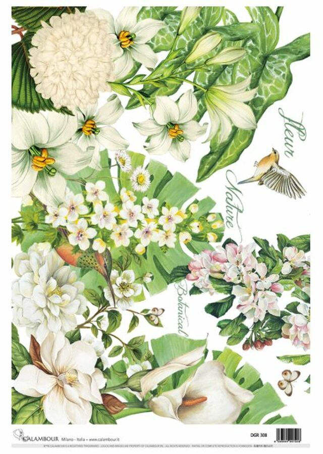 Decoupage paper with white flowers, green leaves, bird, 'Fleur', 'Nature'.