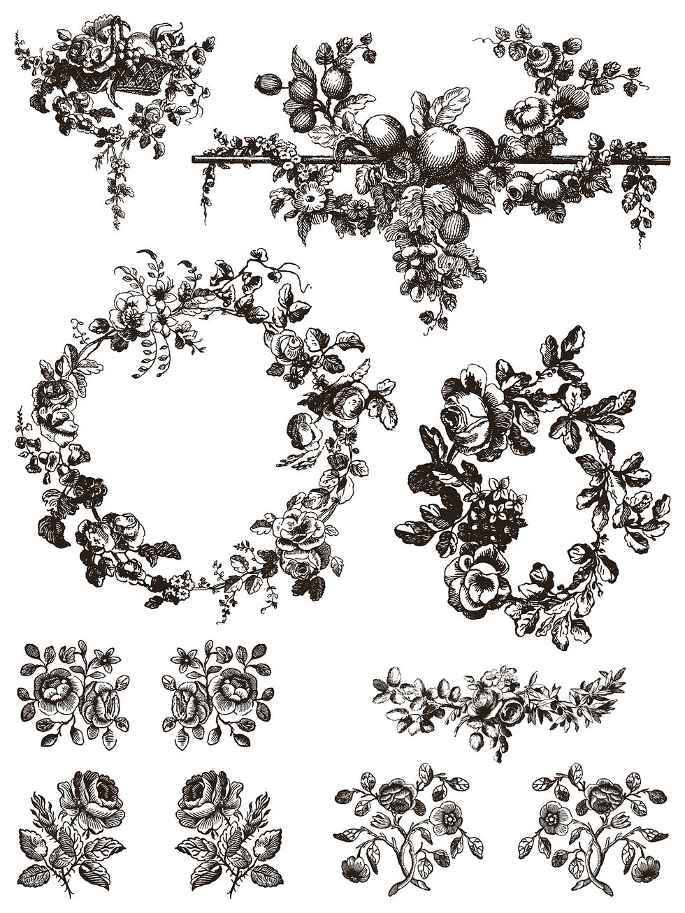 Thumbnail: Black and white vintage floral and fruit decorative elements.