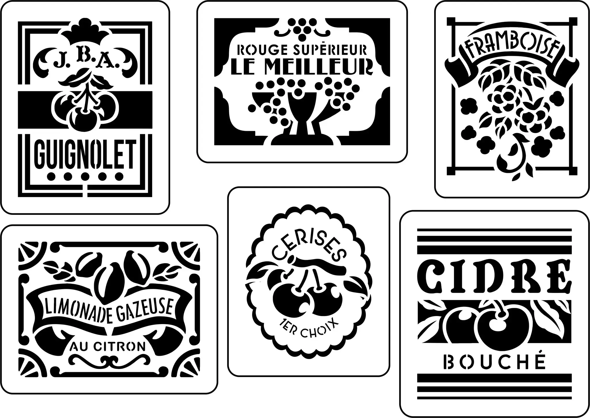 Vintage French black and white labels: Rouge Supérieur, Cerises, Citron, Molet.