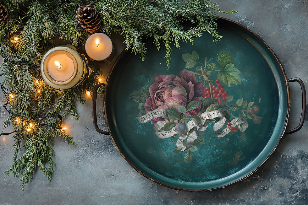 Thumbnail: Round teal tray with "FOREVER YOURS" text, Christmas decor and candles.
