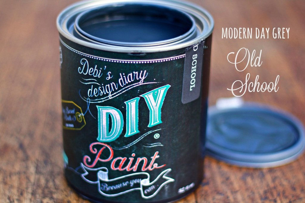Open can of Debi's Design Diary DIY Paint, "MODERN DAY GREY Old School".