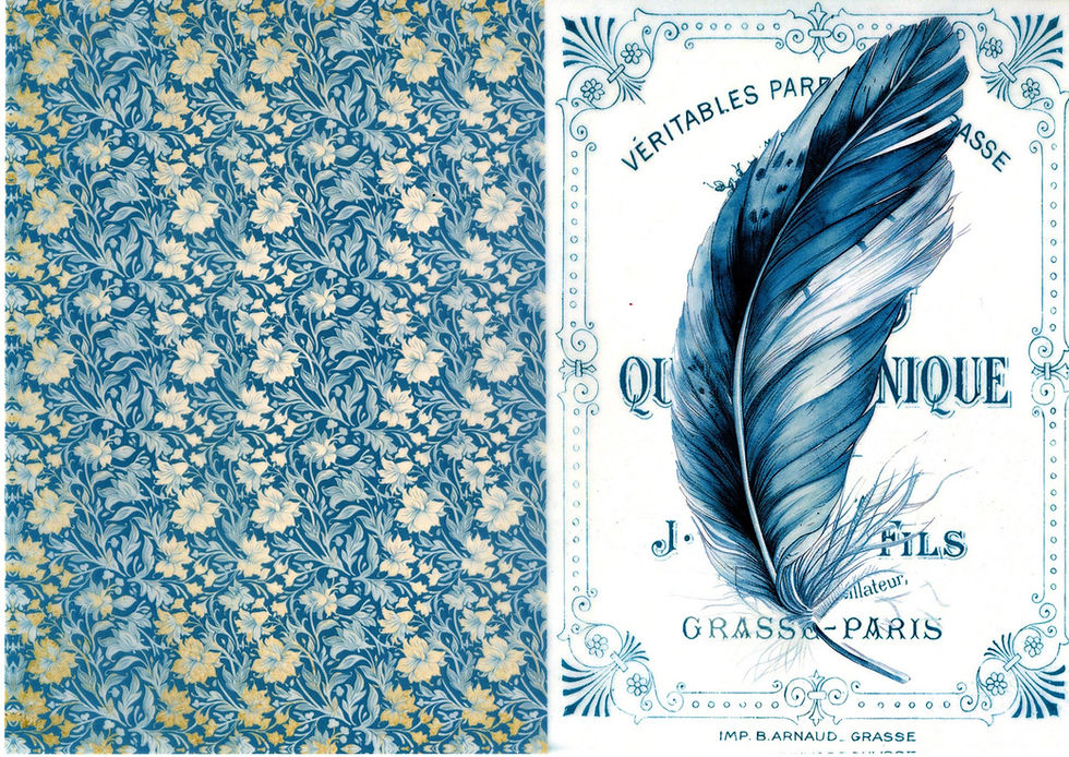 Thumbnail: Blue gold floral, VERITABLES PARIS QUE GRASSE PARIS ornate feather