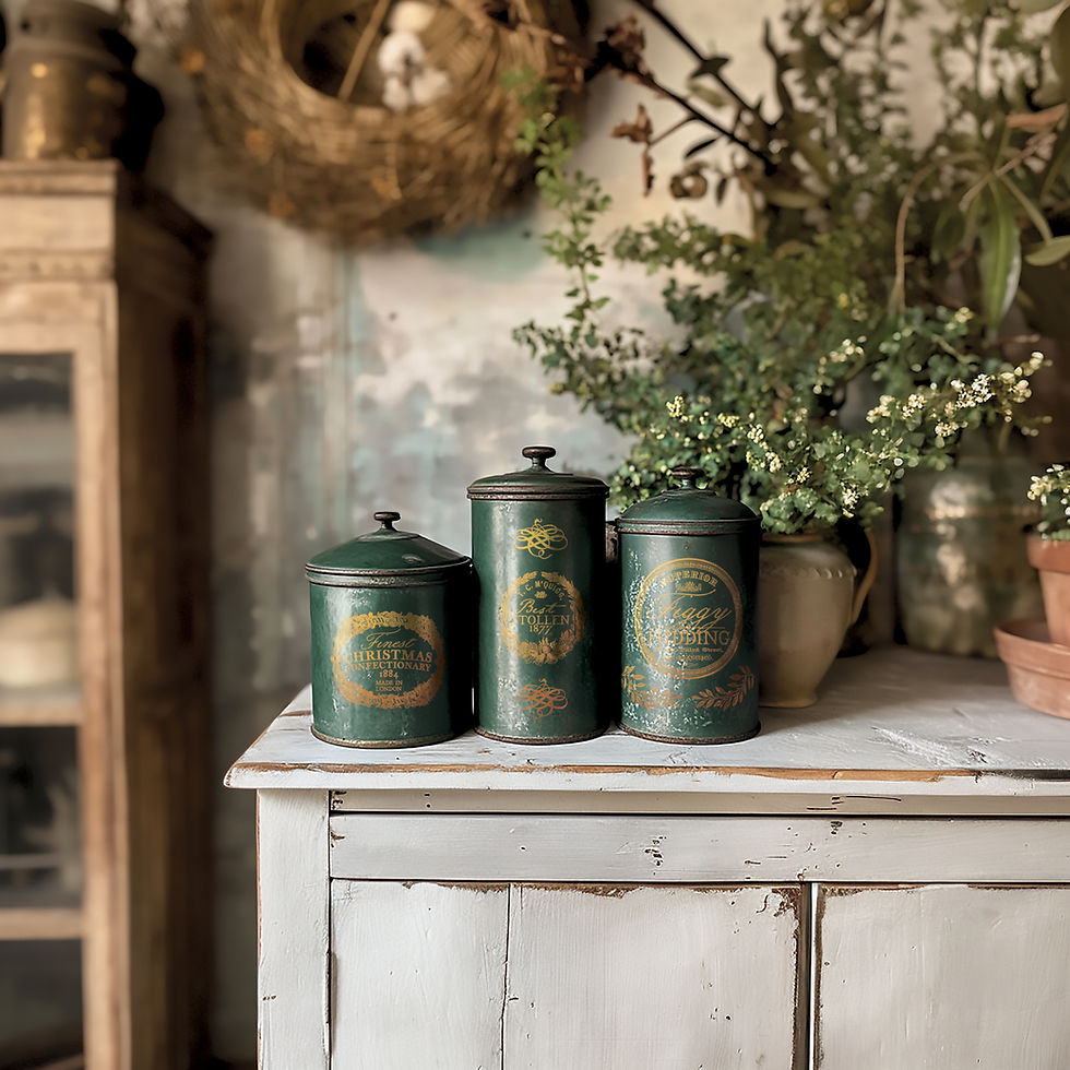 Thumbnail: Three vintage green canisters with gold labels on a rustic cabinet.
