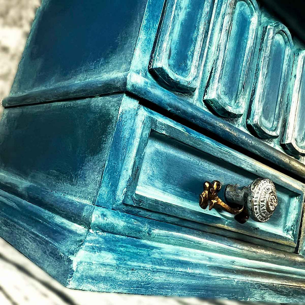 Thumbnail: Distressed teal wooden box with metallic finish and ornate drawer knob.