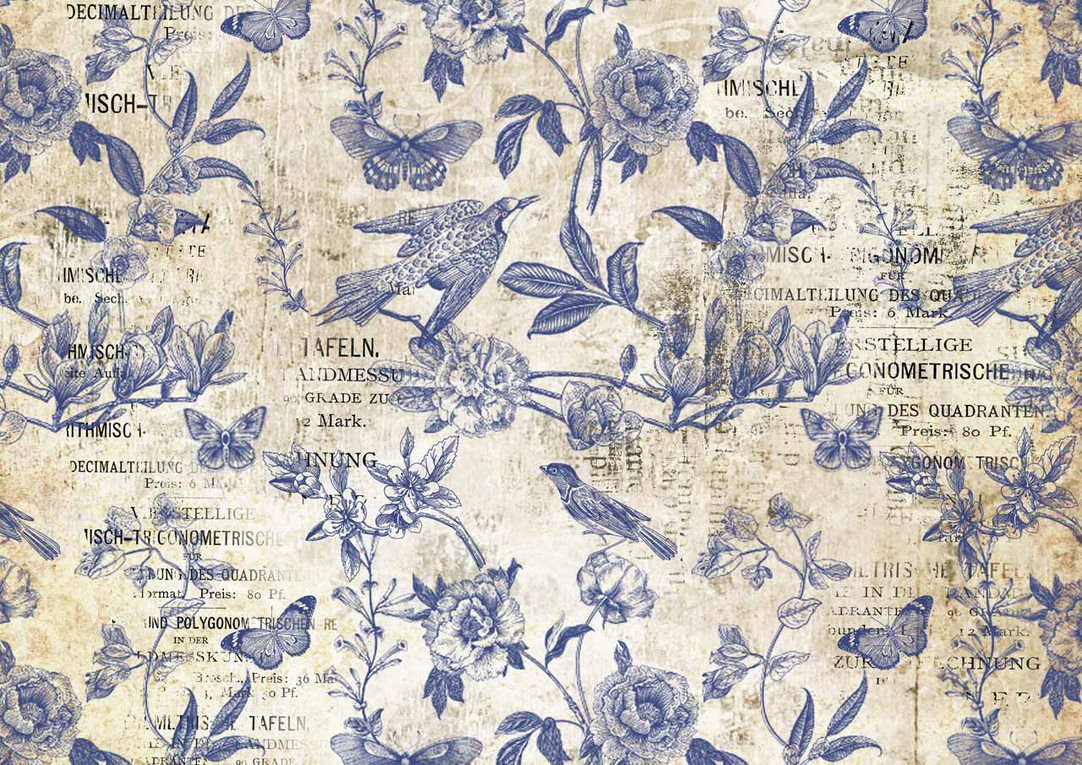 Aged blue toile pattern featuring birds, butterflies, roses, and faint German text.