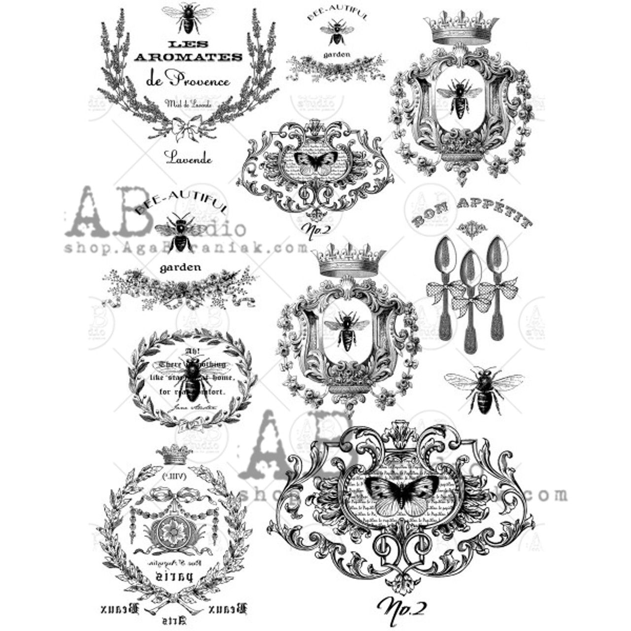 Intricate vintage French bee crests, 'LES AROMATES', 'BON APPETIT', 'AB Studio' designs.