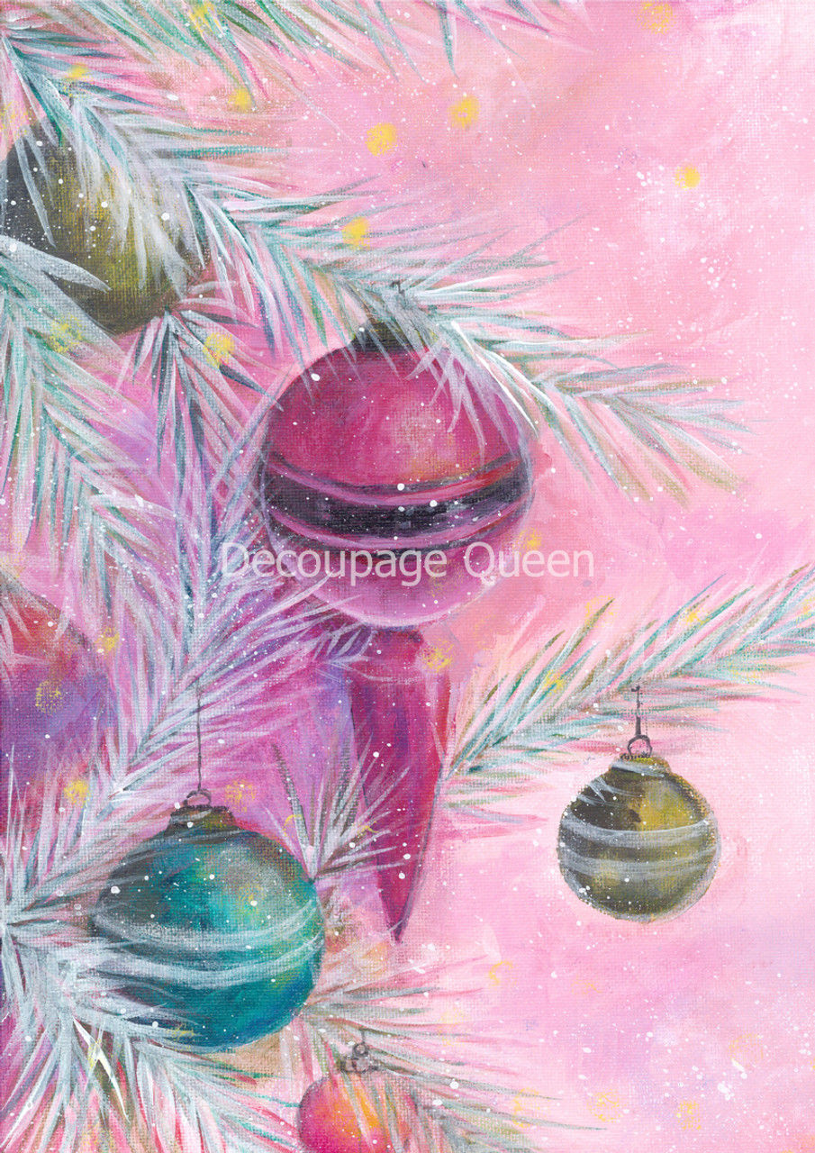 Christmas ornaments on snow-dusted branches, pink background, with 'Decoupage Queen' text.