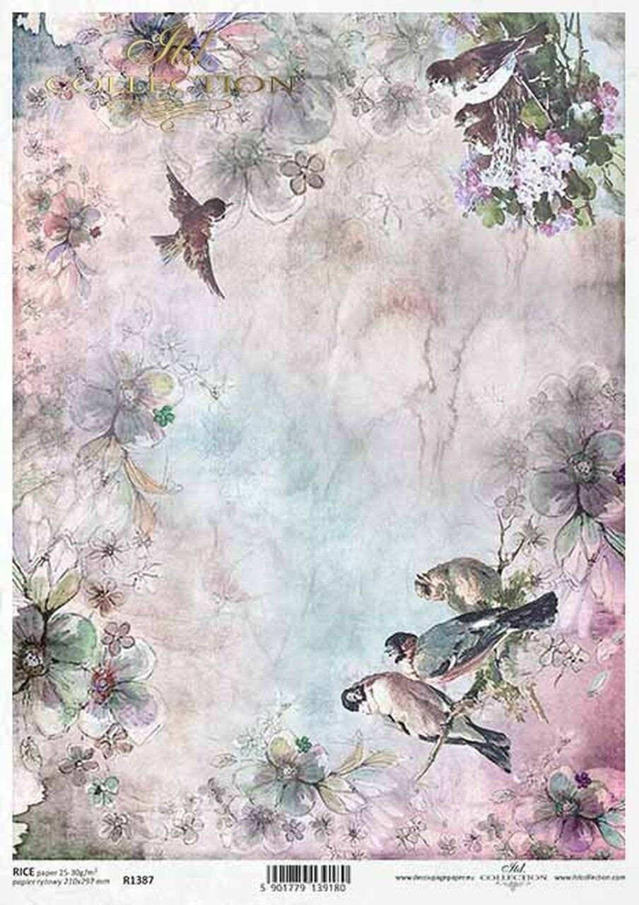 Vintage background with birds, faded floral patterns, and soft colors.