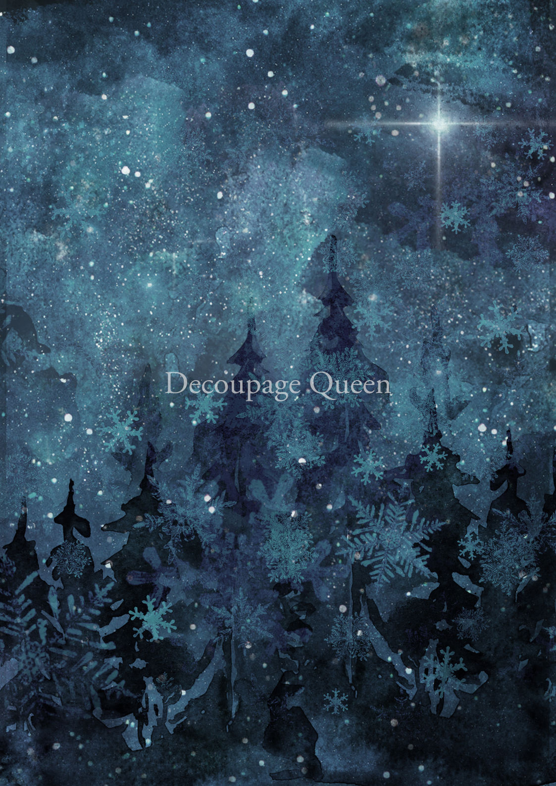 Winter forest night with falling snowflakes, bright star, Decoupage Queen.