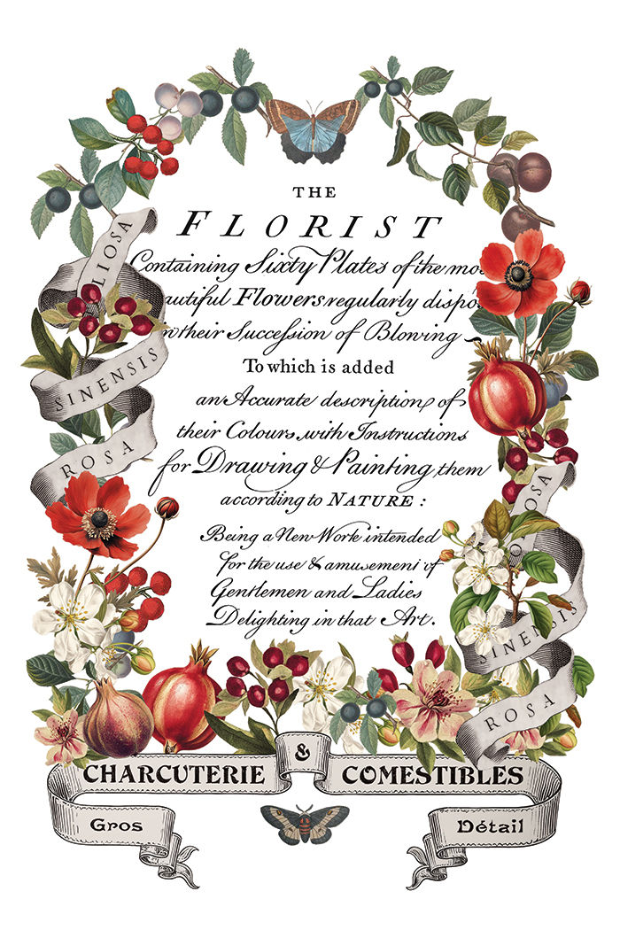 Thumbnail: Decorative vintage design, 'THE FLORIST', with fruits, berries, Charcuterie, Comestibles.