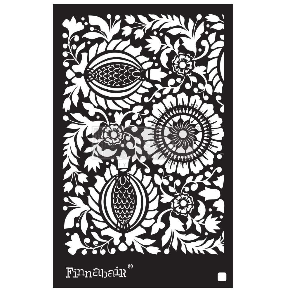 Black Finnabair stencil featuring intricate white floral, pomegranate, and mandala patterns.