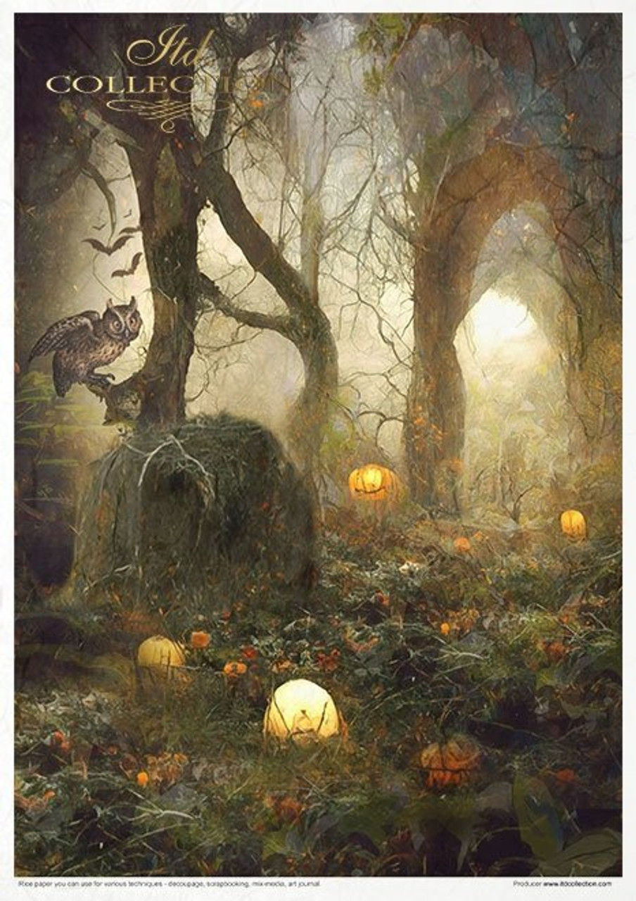 Thumbnail: Spooky forest scene with an owl, bats, and glowing jack-o'-lanterns.