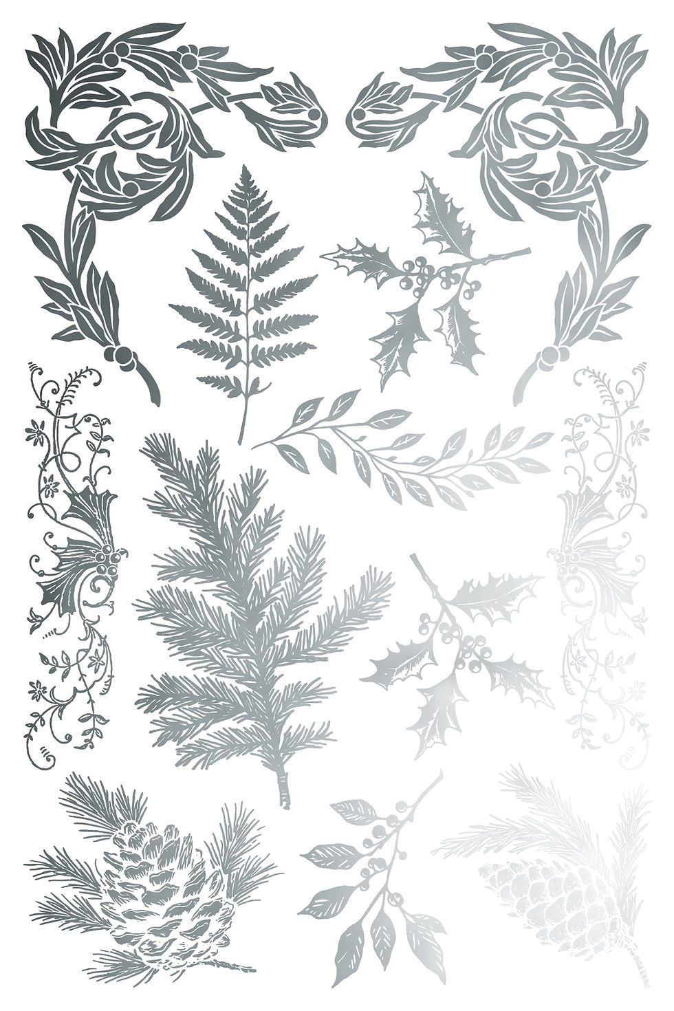 Thumbnail: Decorative silver Victorian botanical illustrations: fern, holly, pine, acanthus leaves.