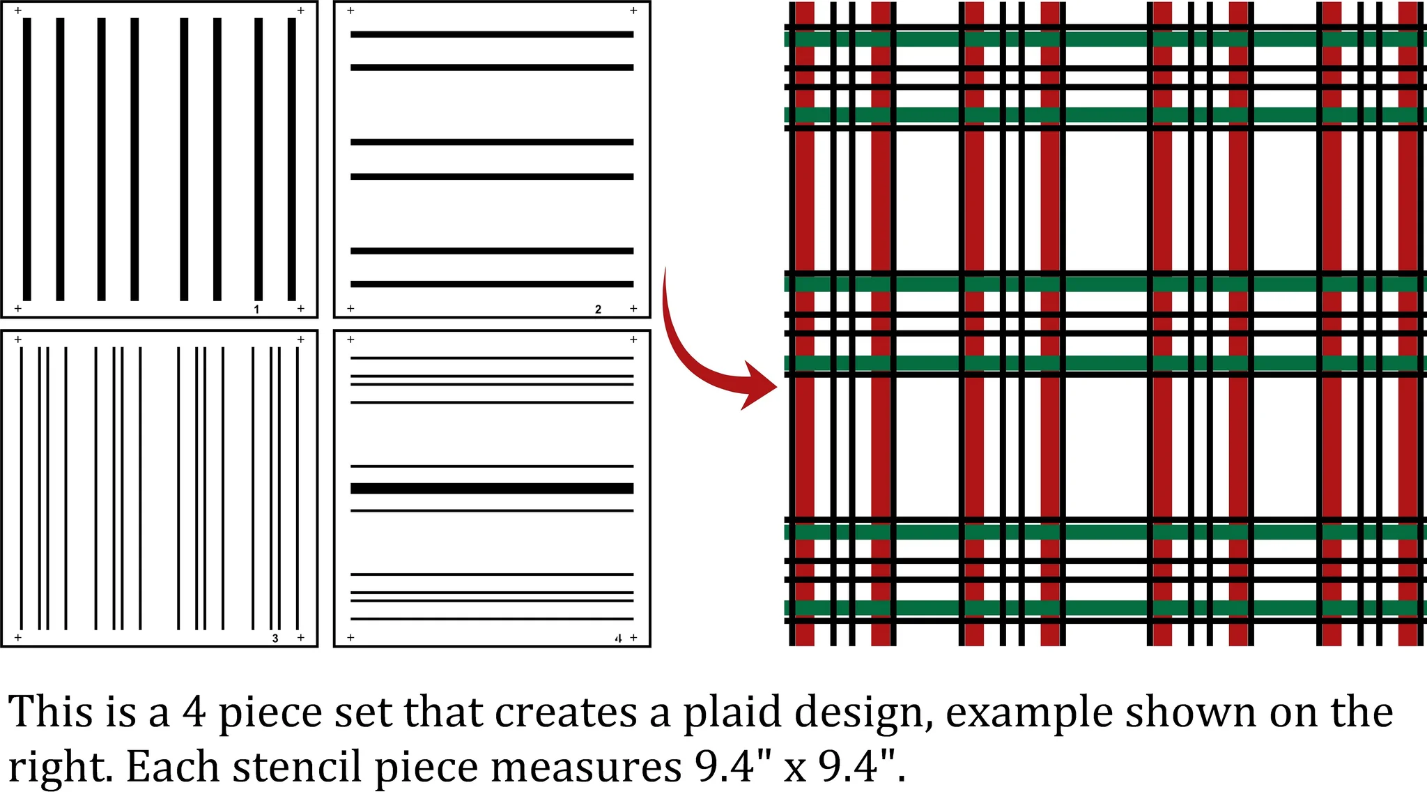 Lines demonstrate plaid design creation. Piece measures 9.4" x 9.4".