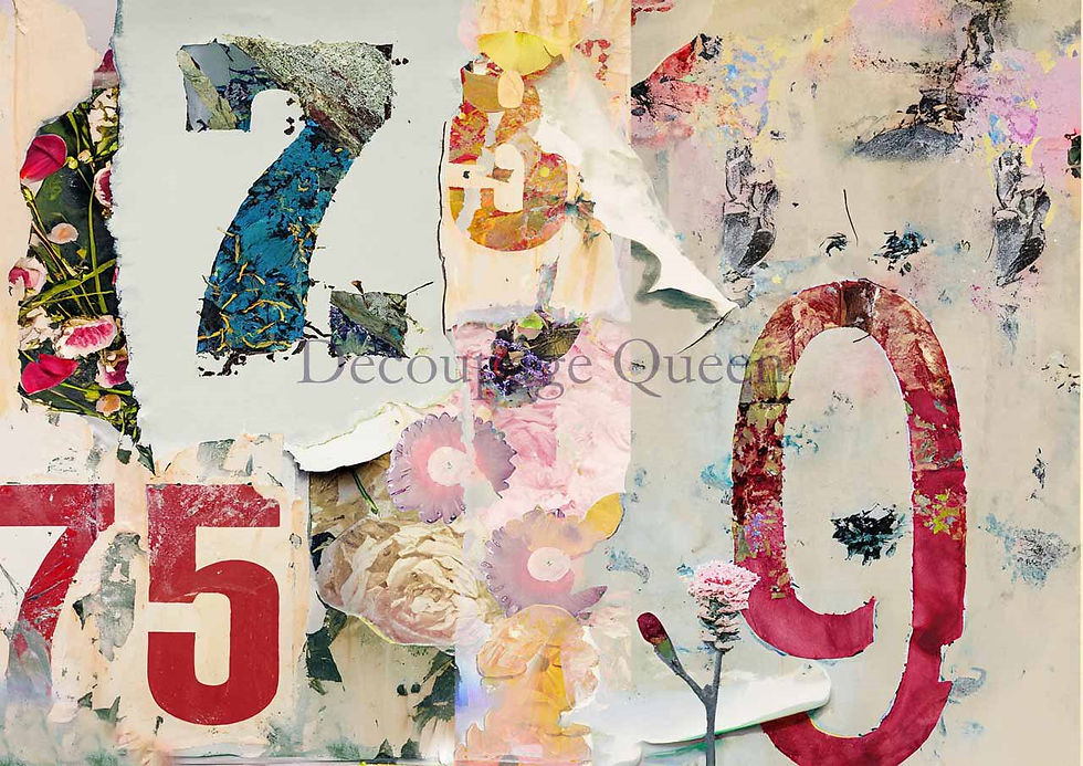 Mixed media collage with large numbers 7, 0, 5, 9, Decoupage Queen.
