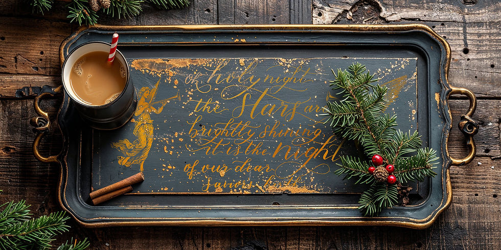 Thumbnail: Tray with "O holy night the Stars are brightly shining" text, coffee, fir sprig.