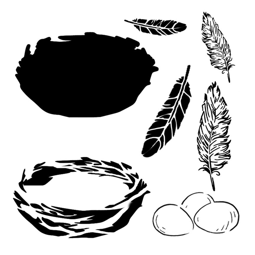 Stylized illustrations of bird nests, feathers, and three eggs.