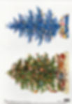 Two decorated blue and green Christmas trees, vintage holiday display.