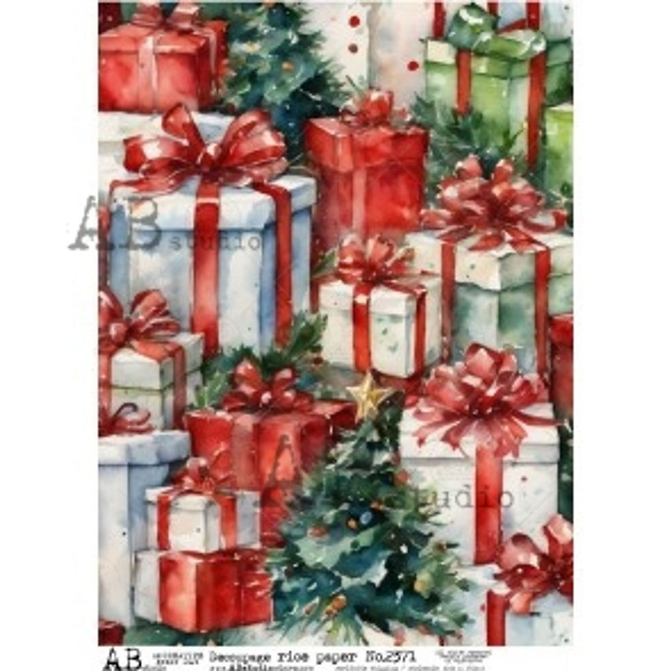 Watercolor Christmas presents, red bows, scattered festive gifts, Rub-On.