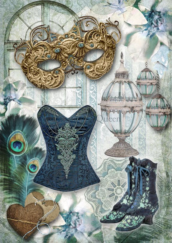 Ornate gold masquerade mask, blue corset, vintage lantern 'Queen', peacock feathers, boots.
