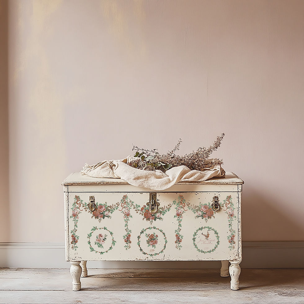 Thumbnail: Ornate distressed white chest, floral garlands, dried flowers, pink wall.