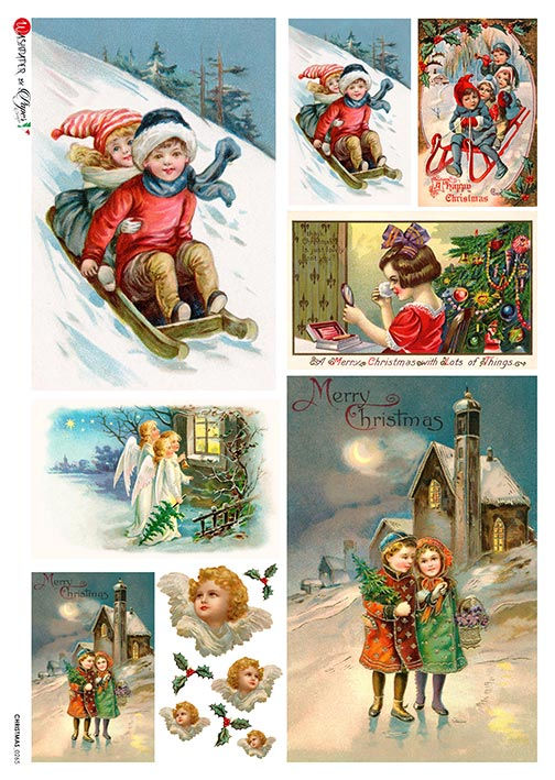 Vintage Christmas collage with children sledding, angels, "Merry Christmas" text.