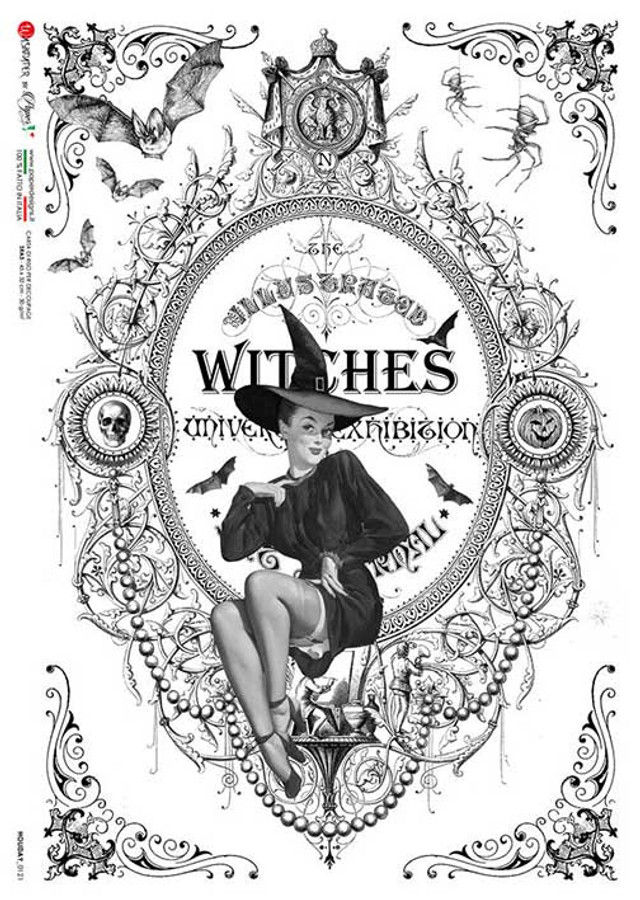 Pin-up witch in ornate frame, "Illustrated Witches Exhibition Royal" text.