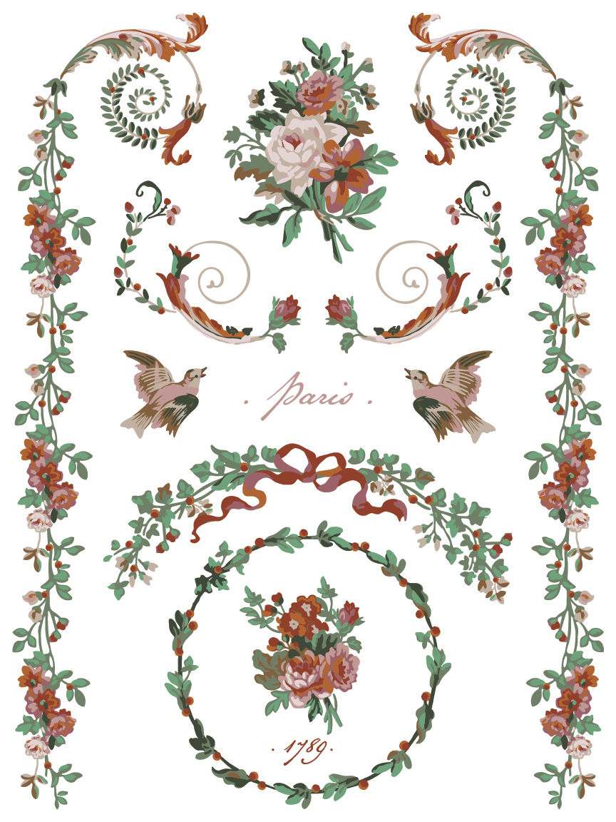 Thumbnail: Vintage floral illustrations with birds, scrolls, and "Paris" text.
